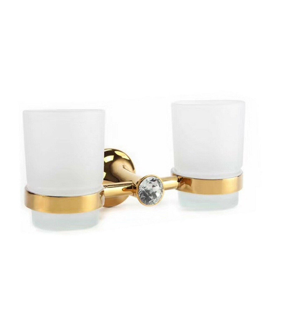 Doppio Bicchiere Supporto Bagno Porta Spazzolino Denti Muro Dorato Oro Dgo-106         