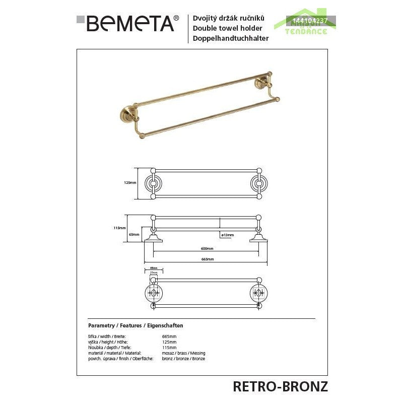 Portasciugamani doppio RETRO in ottone 66,5x12,5x11,5 cm