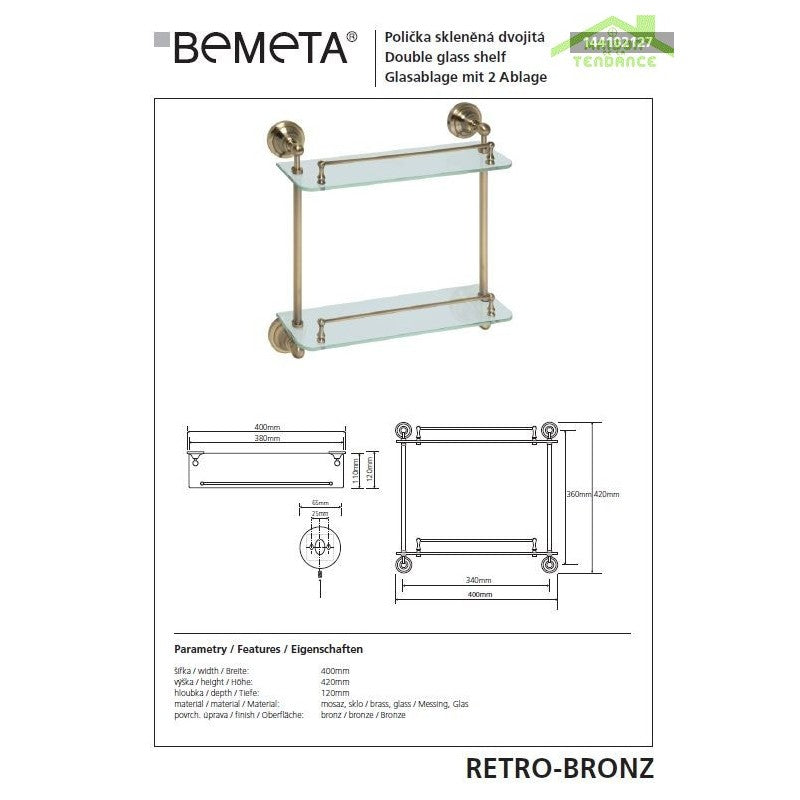 Doppio ripiano, doppio ripiano in vetro RETRO in ottone 40x42x12 cm