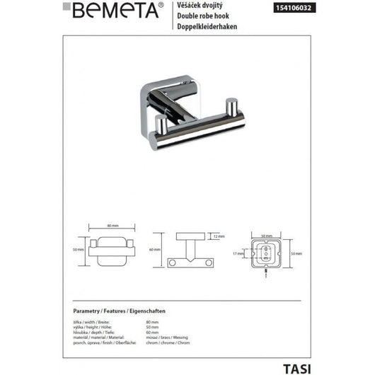 Gancio da parete doppio TASI in ottone cromato 8 x5 x6 cm