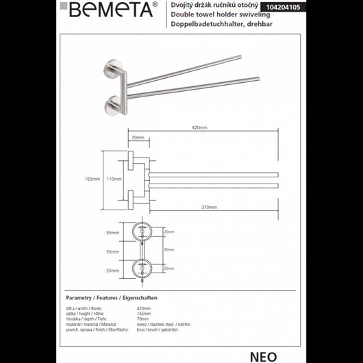 NEO Portasciugamani Doppio Girevole in Acciaio Inox 42x16x7cm