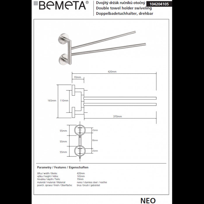 NEO Portasciugamani Doppio Girevole in Acciaio Inox 42x16x7cm