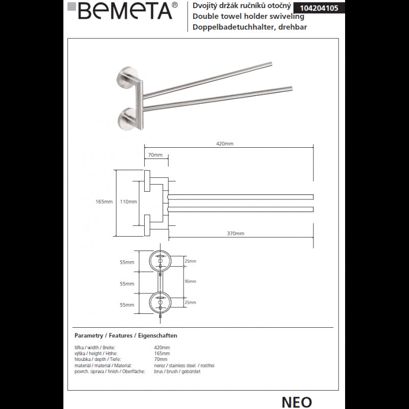 NEO Portasciugamani Doppio Girevole in Acciaio Inox 42x16x7cm
