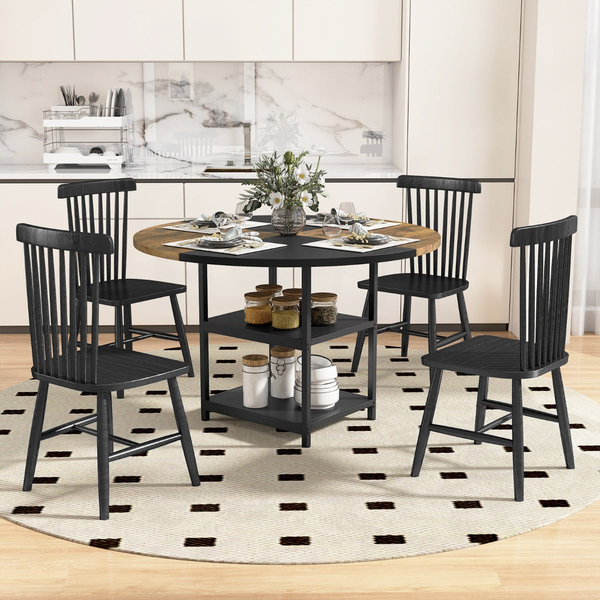 Tavolo da pranzo rotondo da cucina in legno diametro design bicolore a blocchi-Tavolo ripiani portaoggetti e gambe in metallo