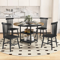 Tavolo da pranzo rotondo da cucina in legno diametro design bicolore a blocchi-Tavolo ripiani portaoggetti e gambe in metallo