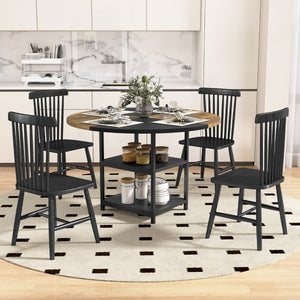 Tavolo da pranzo rotondo da cucina in legno diametro design bicolore a blocchi-Tavolo ripiani portaoggetti e gambe in metallo