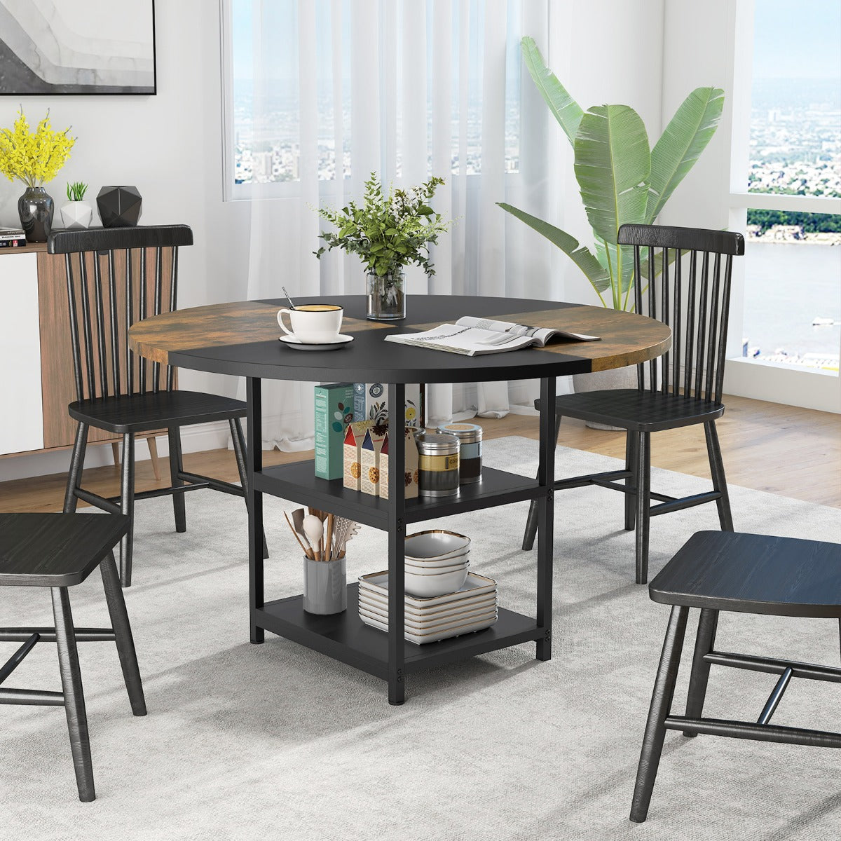 Tavolo da pranzo rotondo da cucina in legno diametro design bicolore a blocchi-Tavolo ripiani portaoggetti e gambe in metallo