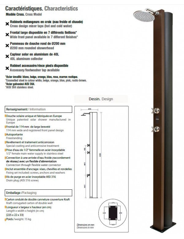 Doccia solare per piscina in acciaio inox CROSS. con risciacquo dei piedi - 40L