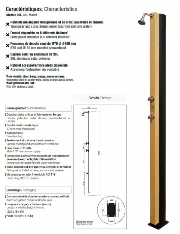 Doccia solare rustica marrone per piscina - con risciacquo dei piedi - 30L