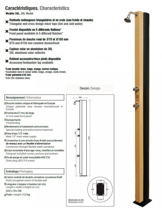 Doccia solare per piscina in acciaio inox - 30L