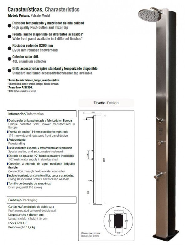 Doccia solare per piscina PULSATE in acciaio inox. con 40 litri di risciacquo dei piedi