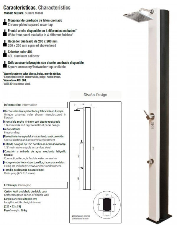 SQUARE Doccia solare bianca per piscina con risciacquo dei piedi - 40L