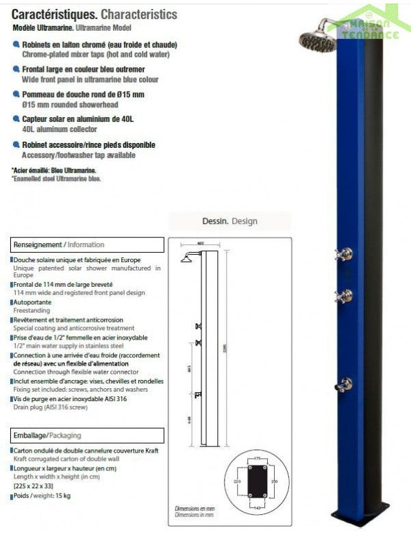ULTRAMARINE Blue Solar Doccia per Piscina con Risciacquo dei Piedi - 40L