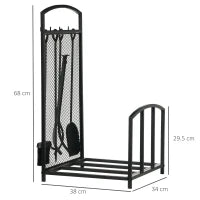 Portalegna da Interno ed Esterno in Metallo con Ganci e 4 Attrezzi Inclusi, 39x39x68cm, Nero