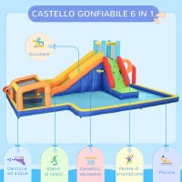 Castello Gonfiabile per Bambini 3-8 Anni con Scivolo, Parete, Porta e Canestro, in Tessuto Oxford, 590x460x220 cm