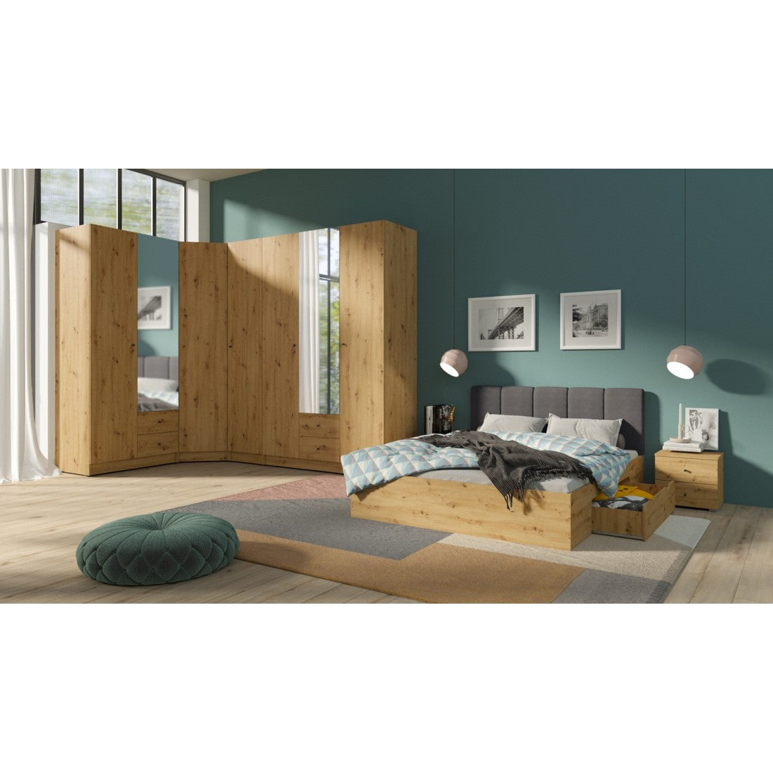 Guardaroba angolare completo collezione KANELLE colore rovere chiaro.