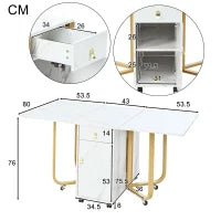 Tavolo da cucina versatile e pieghevole con ruote, con credenza e 2 cassetti, 150x80x76 cm, Bianco e Oro