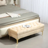 Panca Fondo Letto Imbottita con Rivestimento Trapuntato in Tessuto Effetto Velluto, 118x45x42 cm, Beige