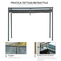 Gazebo Pergola da Giardino 3x2m con Telo Scorrevole in Metallo e Poliestere, Grigio e Nero