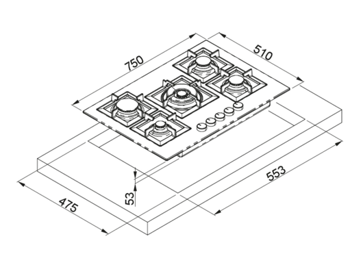 Piano cottura a gas da Incasso Plano 75 ELLECI PMSP75179CS 5 fuochi, 750x510 Granitek Nuvola 79