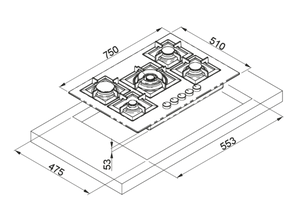 Piano cottura a gas da Incasso Plano 75 ELLECI PGSP75151CS 5 fuochi, 750x510 Granitek Avena 51