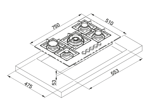 Piano cottura a gas da Incasso Plano 75 ELLECI PGSP75151CS 5 fuochi, 750x510 Granitek Avena 51