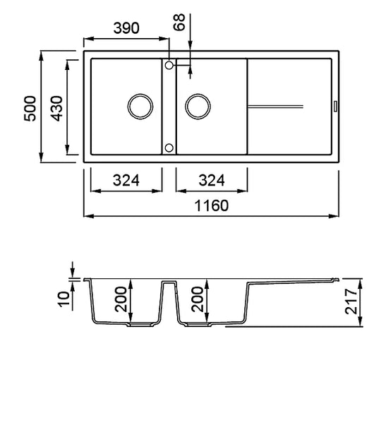 Lavello UNICO 500 116X50 2 vasche + gocciolatoio ANTRACITE 59