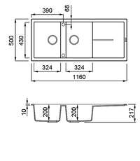 Lavello UNICO 500 116X50 2 vasche + gocciolatoio TORTORA 43