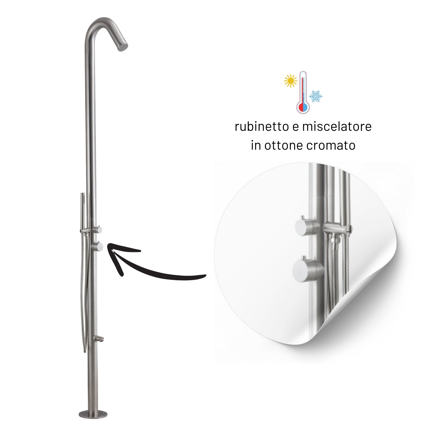 Colonna doccia da esterno betulla a pavimento inox spazzolato con lava piedi *** finitura- spazzolato, confezione 1