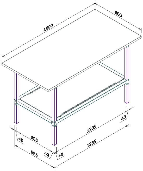Banco da lavoro con struttura metallica zincata e piano in nobilitato cm. 160x80x93h