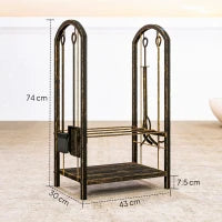 Portalegna per interni a 2 Livelli, con 4 Attrezzi per Camino e Ganci, 43x30x74 cm, Marrone