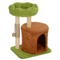 Albero Tiragraffi per Gatti con Casetta, Lettino e Pallina Giocattolo, in Legno e Peluche, 44x33x61 cm, Verde
