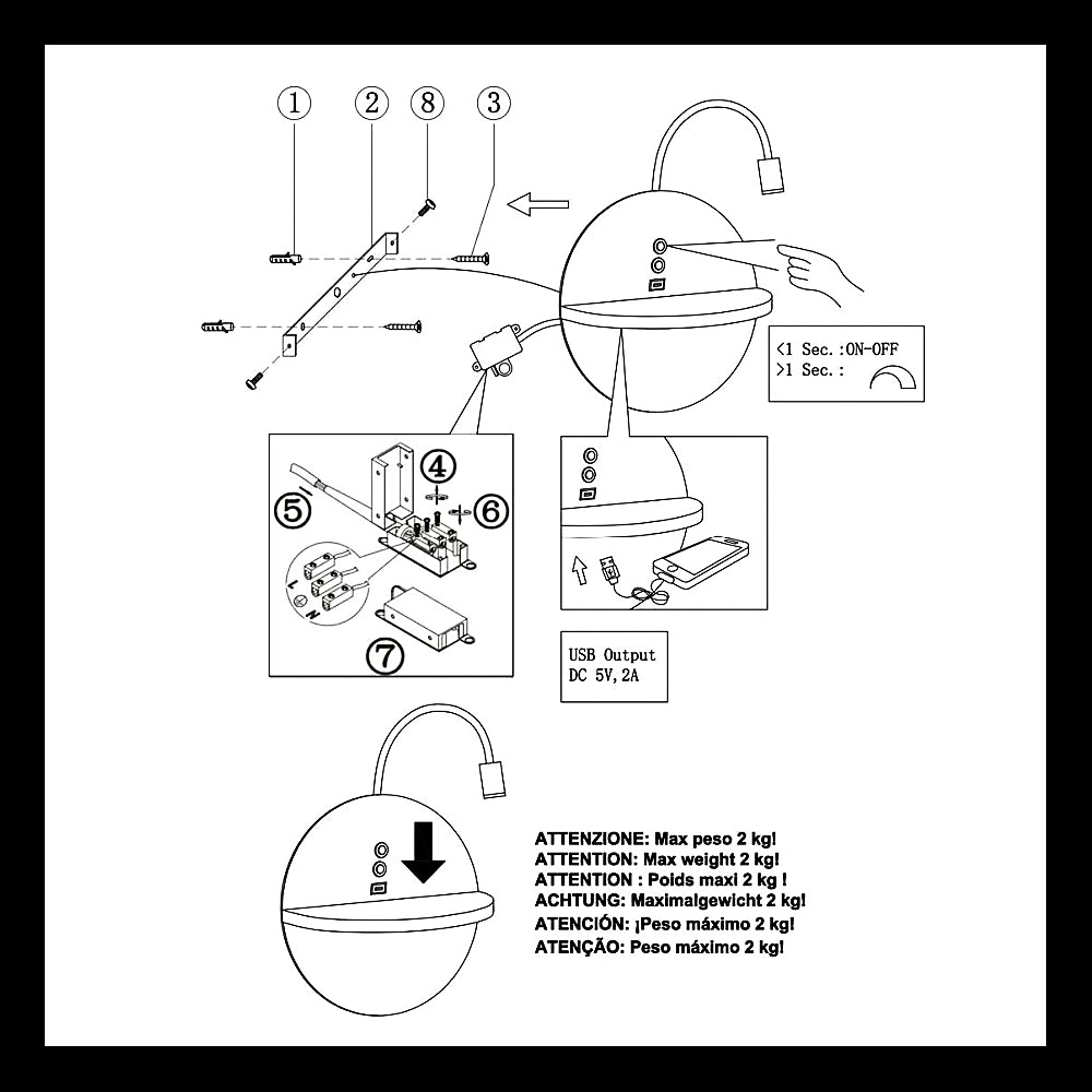 Dual - Applique da parete con mensola e luce LED 15W Fabas Luce Touch dimmer - Bianco opaco con legno USB integrata