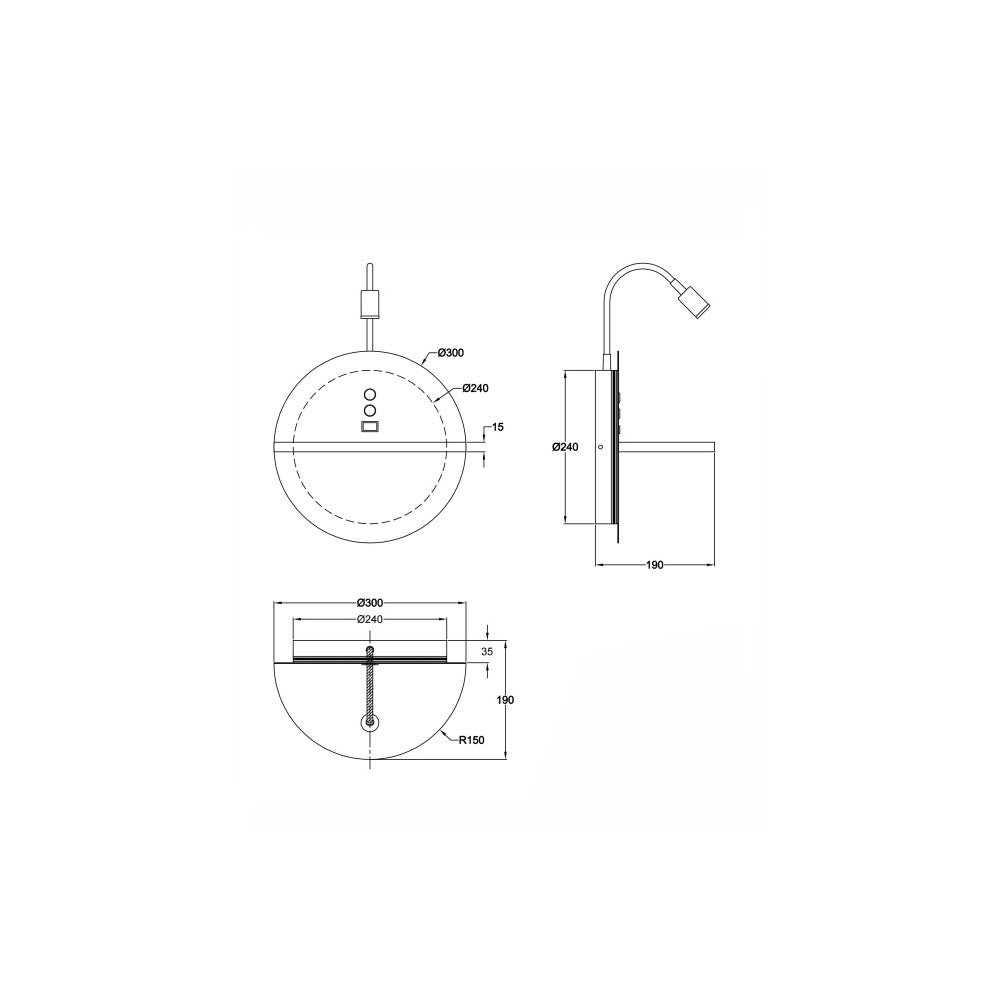 Dual - Applique da parete con mensola e luce LED 15W Fabas Luce Touch dimmer - Nero opaco con legno USB integrata