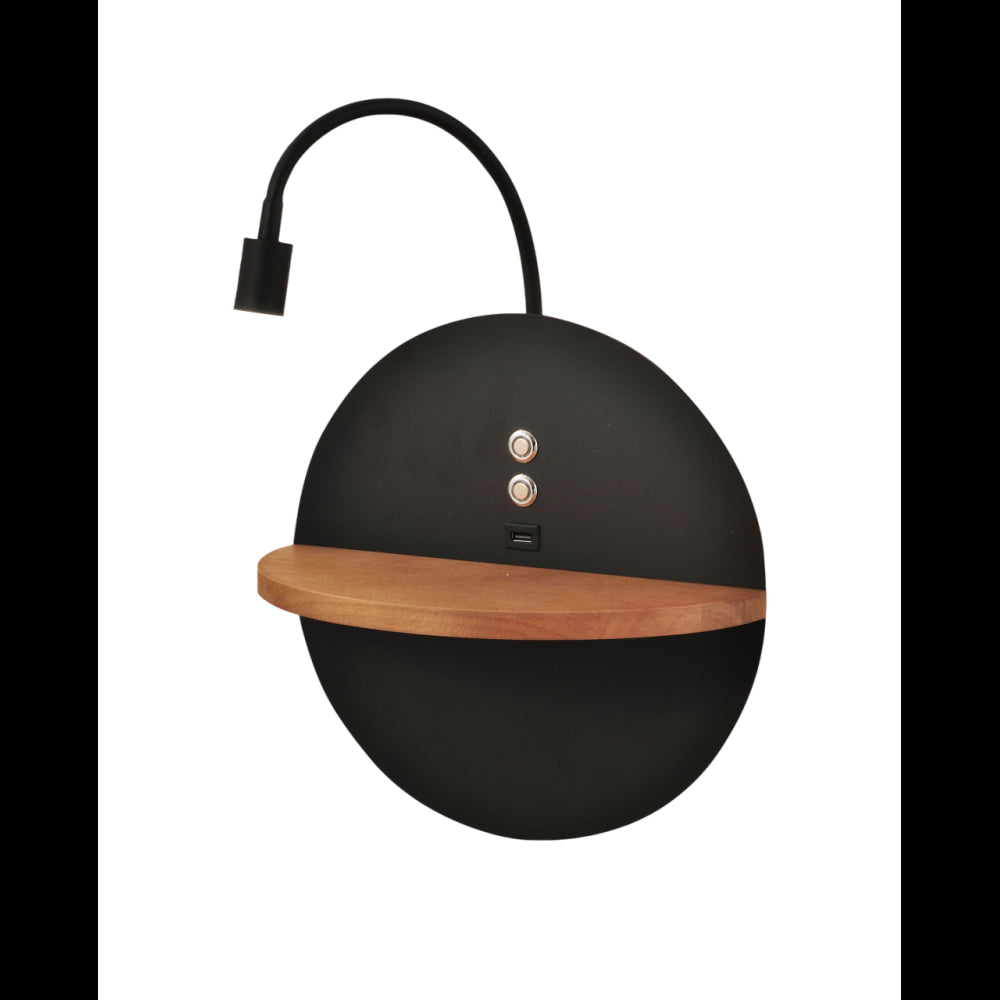Dual - Applique da parete con mensola e luce LED 15W Fabas Luce Touch dimmer - Nero opaco con legno USB integrata