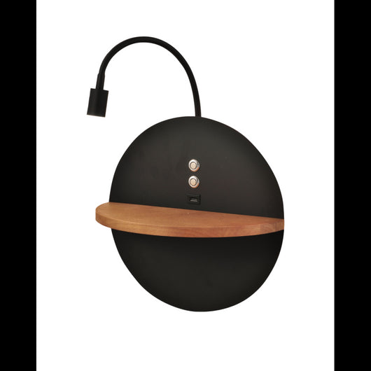 Dual - Applique da parete con mensola e luce LED 15W Fabas Luce Touch dimmer - Nero opaco con legno USB integrata