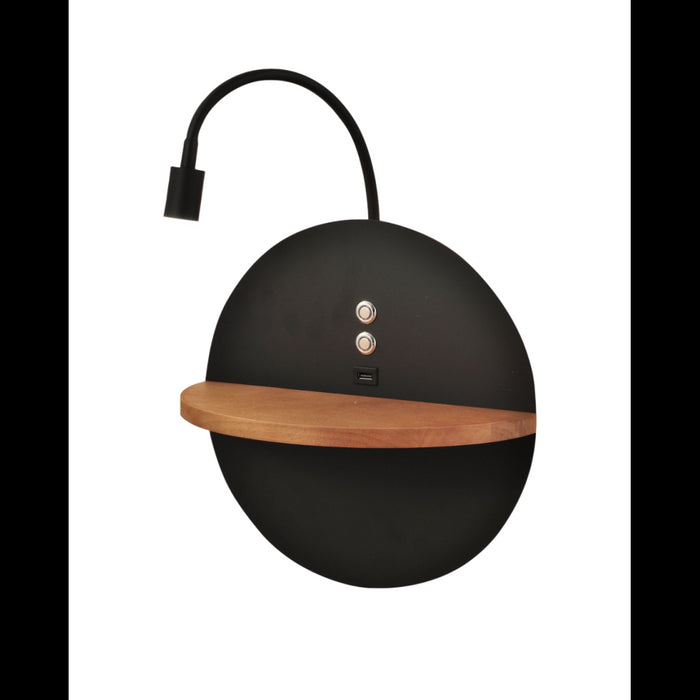 Dual - Applique da parete con mensola e luce LED 15W Fabas Luce Touch dimmer - Nero opaco con legno USB integrata
