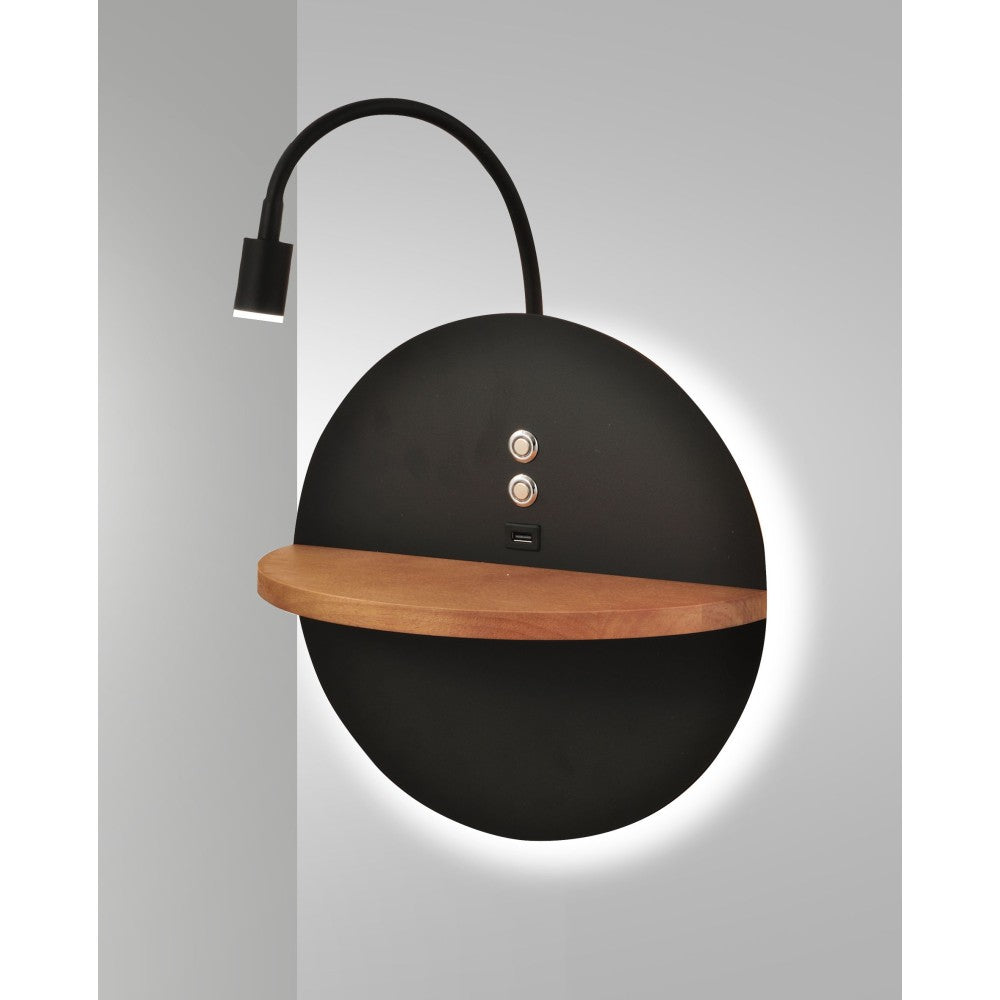 Dual - Applique da parete con mensola e luce LED 15W Fabas Luce Touch dimmer - Nero opaco con legno USB integrata