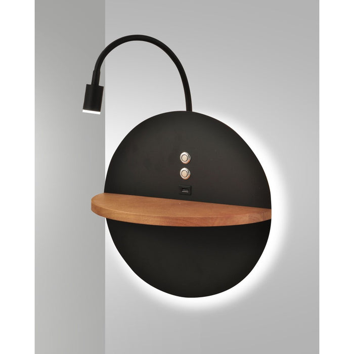 Dual - Applique da parete con mensola e luce LED 15W Fabas Luce Touch dimmer - Nero opaco con legno USB integrata