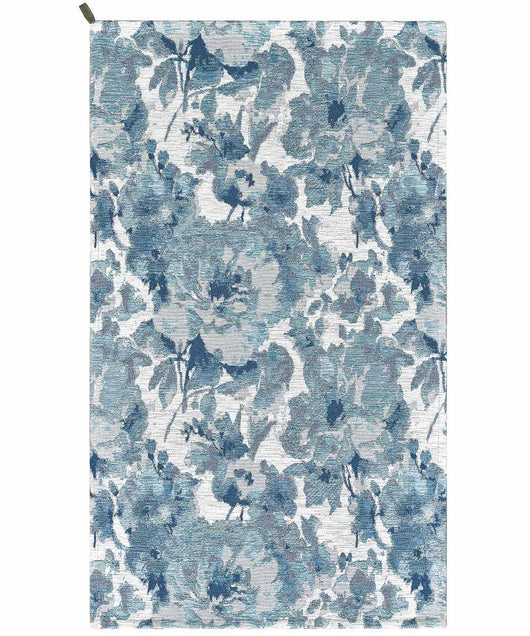 Tappeto floreale moderno con fiori stilizzati DUBAI BEIGE AZZURRO in ciniglia multiuso lavabile antiscivolo cm.65x300 passatoia