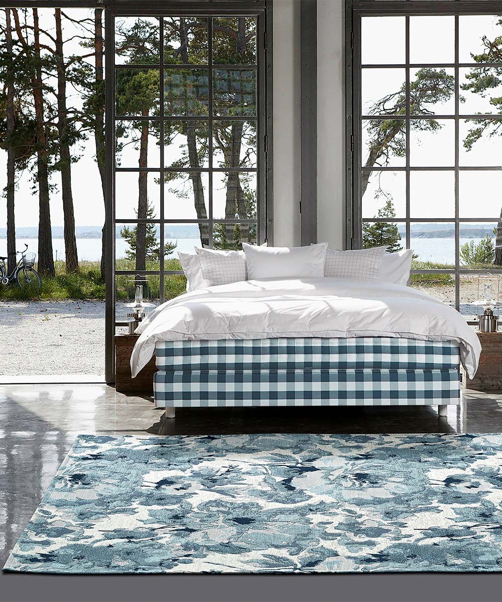 Tappeto floreale moderno con fiori stilizzati DUBAI BEIGE AZZURRO in ciniglia multiuso lavabile antiscivolo cm.115x175