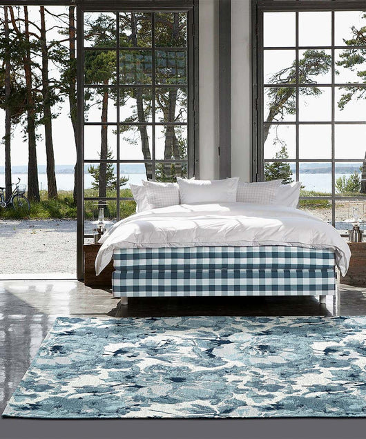 Tappeto floreale moderno con fiori stilizzati DUBAI BEIGE AZZURRO in ciniglia multiuso lavabile antiscivolo cm.65x220 passatoia