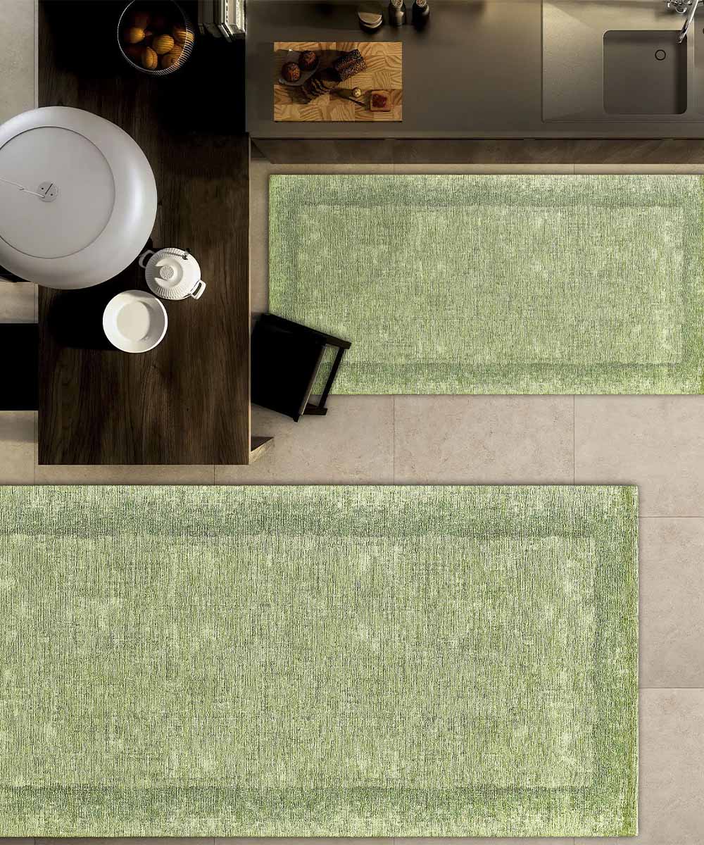 Tappeto moderno DUBLINO VERDE elegante cornice tinta unita, passatoia cucina multiuso lavabile antiscivolo cm.55x115