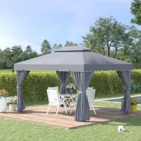 Gazebo da Giardino, Tenda da Giardino a Doppio Tetto con Pareti e Zanzariere Rimovibili, 4 x 3 m, Grigio