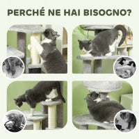 Albero per Gatti con Casetta, Lettino e Palline, in Truciolato, Sisal e Peluche, 60x39x87 cm, Grigio Chiaro e Crema