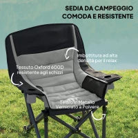 Sedia da Campeggio Pieghevole con 2 Portabicchieri e Tasche Laterali, 99x71x103 cm, Grigio e Nero
