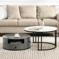 Set di Tavolini da Salotto Moderno Incastro in Stile Marmo PVC con Design Elegante e Spazio di Stoccaggio, 70x70x40 cm + 60x60x25,5 cm, Grigio