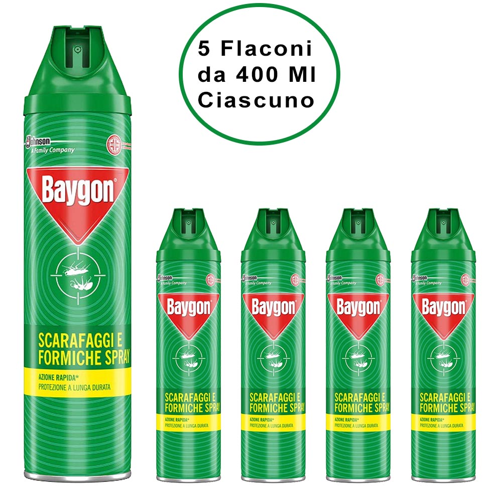Baygon spray insetticida per formiche e scarafaggi plus 5 flaconi da 400 ml ciascuno