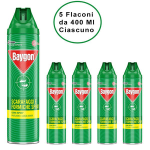 Baygon spray insetticida per formiche e scarafaggi plus 5 flaconi da 400 ml ciascuno
