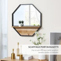 Specchio da Parete Ottagonale in Metallo con Mensola in Legno, 61x61cm Nero